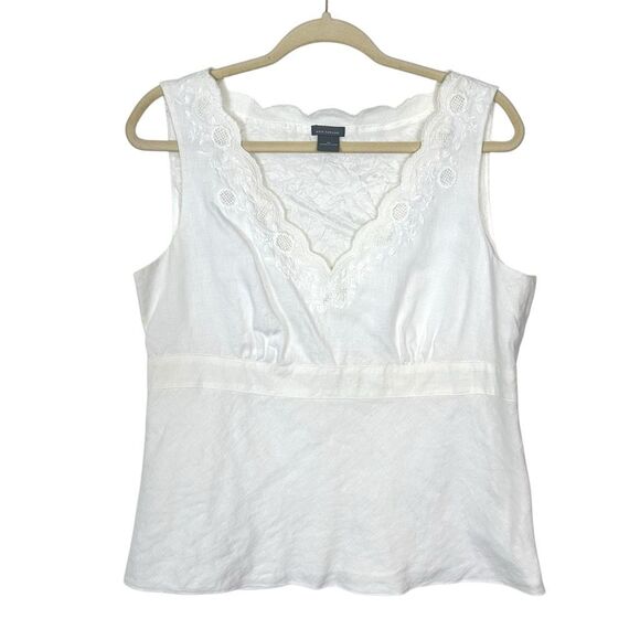Ann Taylor Top Vintage Linen 12 White Sleeveless Embroidered Scallop V Blouse - Picture 4 of 15